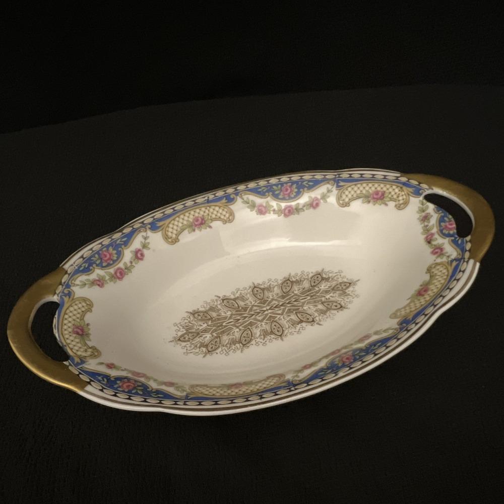 Limoges S.P.L. France Oval Serving Dish 7.75" Roses Cobalt Gold